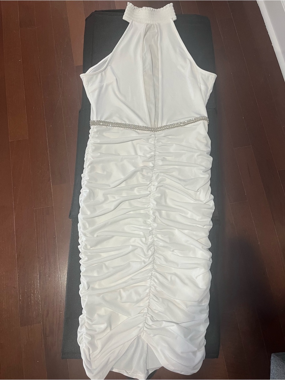 VENUS White Ruched Halter Midi Dress with Beaded Waist